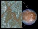 The image on the left shows a region of Europa's crust made up of blocks which are thought to have broken apart and 'rafted' into new positions. These images were obtained by NASA's Galileo spacecraft.