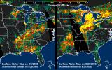 These images, derived from NASA QuikScat satellite data, show the extensive pattern of rain water deposited by Hurricanes Katrina and Rita on land surfaces over several states in the southern and eastern United States.