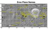 This simple cylindrical projection of an image mosaic of asteroid Eros is labeled with proposed names for most of the larger features on the asteroid. The theme of the names is famous lovers from history and fiction, taken from different cultures.
