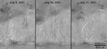 NASA's Mars Global Surveyor shows the Daedalia/Claritas/Syria storm dust plumes on Mars revealing a general pattern of regional storm centers beneath an ever-spreading veil of stratospheric dust.