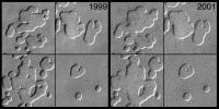 NASA's Mars Global Surveyor shows four pictures of pits formed in frozen carbon dioxide in Mars' polar cap.