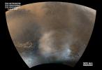NASA's Mars Global Surveyor shows clouds, dust storms, and patches of polar frost around Hellas Planitia in the martian southern hemisphere.