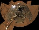This self-portrait of NASA's Mars Exploration Rover Spirit taken in Aug 27, 2005 shows its solar panels still gleaming in Martian sunlight and carrying only a thin veneer of dust two years after the rover landed and began exploring the red planet.