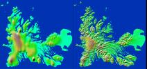 These two images show exactly the same area, Kerguelen Island in the southern Indian Ocean as seen by NASA's Shuttle Radar Topography Mission.