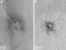 NASA's Mars Global Surveyor shows a small meteorite impact crater in northern Tharsis.