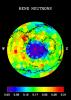 NASA's Mars Odyssey spacecraft produced this high-energy neutron detector map of neutrons in Mars' southern hemisphere. The blue region around the south pole indicates a high content of hydrogen in the upper 2 to 3 meters (7 to 10 feet) of the surface.