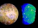 Nine previously unknown volcanoes have been discovered from this infrared image of Jupiter's moon Io, acquired by NASA's Galileo spacecraft on Oct. 16, 2001.