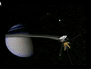 This frame from an animation shows NASA's Cassini spacecraft approaching Saturn's icy moon Enceladus. It shows the highest resolution images obtained of the moon's surface.