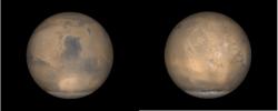 NASA's Mars Global Surveyor shows examples of what Mars looks like in late northern summer, which is also late southern winter. At this time of year, the south polar cap is very large.
