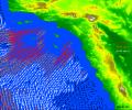 High-resolution ocean surface wind data from NASA's Quick Scatterometer (QuikScat) illustrate the strength of Santa Ana winds that pounded Southern California in 2003.