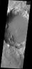 This image from NASA's Mars Odyssey shows a crater on Mars infilled by a material that likely contains volatiles. The linear to swirled surface marking indicate the fill flowed as it was filling the crater interior.