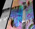 This image from NASA's Mars Odyssey spacecraft shows part of Ganges Chasma in Valles Marineris. The colors indicate compositional variations in the rocks exposed in the wall and floor of Ganges and in the dust and sand on the rim of the canyon.