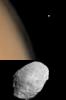 NASA's Mars Global Surveyor shows Mars' two natural satellites, or moons, Phobos and Deimos.
