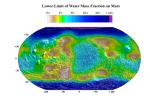 This map from NASA's 2001 Mars Odyssey released on Dec 8, 2003 shows the estimated lower limit of the water content of the upper meter of Martian soil. Highest water-mass fractions, exceeding 30 percent to well over 60 percent, are in the polar region.