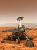 An artist's concept portrays a NASA Mars Exploration Rover on the surface of Mars.