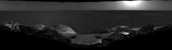 This mosaic image taken by the navigation camera onboard NASA's Mars Exploration Rover Spirit has been further processed, resulting in a significantly improved 360 degree panoramic view of the rover on the surface of Mars. 
