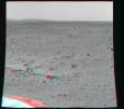 Martian terrain is seen in this 3-D image taken by the panoramic camera on NASA's Mars Exploration Rover Spirit. 3D glasses are necessary to view this image.