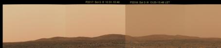 This image mosaic taken by NASA's Mars Exploration Rover Spirit's panoramic camera shows the hills southeast of Spirit's landing site. At left, the late morning martian hours, looking toward the Sun. At right, in early afternoon, when the Sun was higher.