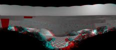 This anaglyph from NASA's Mars Exploration Rover, Spirit, shows the rover's lander and, in the background, the surrounding martian terrain. 3D glasses are necessary to view this image.