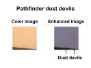 This set of images from NASA's 1997 Mars Pathfinder mission highlight the dust devils that gust across the surface of Mars. The right image shows the dusty martian sky as our eye would see it.