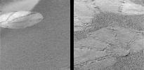 Circular shapes seen on the martian surface in these images are 'footprints' left by NASA's Mars Exploration Rover Opportunity's airbags during landing as the spacecraft gently rolled to a stop.