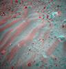 This is a three-dimensional stereo anaglyph of an image taken by the front navigation camera onboard NASA's Mars Exploration Rover Spirit, showing an interesting patch of rippled soil. 3D glasses are necessary to view this image.