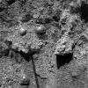 NASA's Mars Exploration Rover Opportunity 's instrument deployment device, or 'arm,' reveals shiny, spherical objects embedded within the trench wall at Meridiani Planum, Mars.