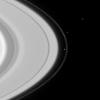 This image from NASA's Cassini-Huygens spacecraft shows two of Saturn's moons, Prometheus (102 kilometers, or 63 miles across) and Pandora (84 kilometers, or 52 miles across), shepherding the planet's narrow F-ring.