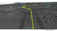 This traverse map shows NASA's Mars Exploration rover Spirit reached the point called 'Laguna Hollow.' The rover had driven 131 meters (430 feet) from Columbia Memorial Station. On the horizon behind the lander looms 'Grissom Hill.' A yellow line follow