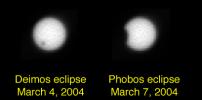 The panoramic camera on NASA's Opportunity combines the first photographs of solar eclipses by Mars' two moons, Deimos and Phobos. Deimos appears as a speck in front of the Sun and Phobos grazes its edge.