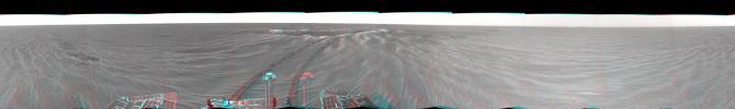 This is a 3-D version of the first 360-degree view from NASA's Mars Exploration Rover Opportunity's position outside 'Eagle Crater.' 3D glasses are necessary to view this image.