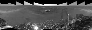 This image from NASA's Mars Exploration Rover Opportunity's view shows the rover's tracks visible at the original spot where the rover attempted unsuccessfully to exit its landing site crater in 2004.