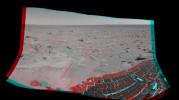 This 3-D cylindrical-perspective mosaic taken by the navigation camera on NASA's Mars Exploration Rover Spirit on sol 82 shows the view south of the large crater dubbed 'Bonneville.' 3D glasses are necessary to view this image.