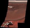 This image from the Mars Exploration Rover Opportunity's shows one octant of a larger panoramic image of 'Lion King' facing directly into the crater and showing small features in the field near the rover arm, to features larger on the horizon.