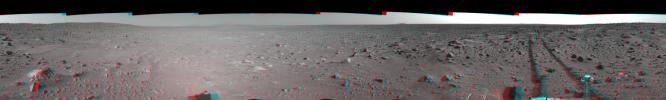 This 3-D cylindrical-perspective mosaic was created from navigation camera images that NASA's Mars Exploration Rover Spirit captured on on sol 93. 3D glasses are necessary to view this image.