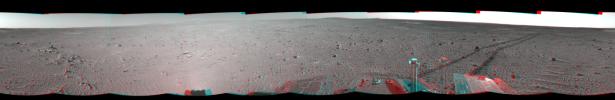 This 3-D cylindrical-perspective mosaic was created from navigation camera images that NASA's Mars Exploration Rover Spirit captured on on sol 121. 3D glasses are necessary to view this image.