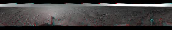 This 3-D cylindrical-perspective mosaic was created from navigation camera images that NASA's Mars Exploration Rover Spirit captured on on sol 122. 3D glasses are necessary to view this image.