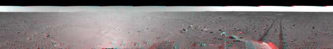 This 3-D cylindrical-perspective mosaic was created from navigation camera images that NASA's Mars Exploration Rover Spirit captured on on sol 123. 3D glasses are necessary to view this image.