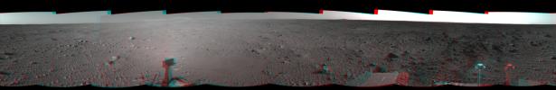 This 3-D cylindrical-perspective mosaic was created from navigation camera images that NASA's Mars Exploration Rover Spirit captured on on sol 124. 3D glasses are necessary to view this image.