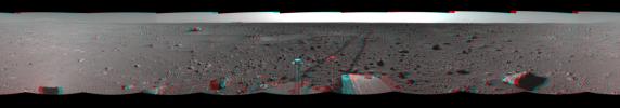 This 3-D cylindrical-perspective mosaic was created from navigation camera images that NASA's Mars Exploration Rover Spirit captured on on sol 127. 3D glasses are necessary to view this image.