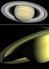 These images are from NASA's Hubble Space Telescope, taken March 22 (top) and May 16, 2004, of Saturn's displays its familiar banded structure, with haze and clouds at various altitudes.