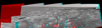 This 3-D cylindrical-perspective mosaic was created from navigation camera images that NASA's Mars Exploration Rover Spirit captured on on sol 115. 3D glasses are necessary to view this image.