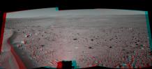 This 120-degree three dimensional anaglyph view from NASA's Mars Exploration Rover Spirit highlights a crater approximately 70 meters (230 feet) in diameter informally named 'Lahontan.' 3D glasses are necessary to view this image.