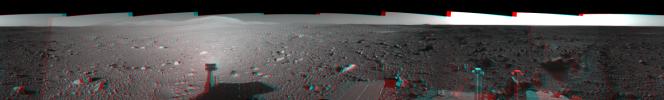 This 360-degree three dimensional anaglyph view from NASA's Mars Exploration Rover Spirit highlights Gusev crater on sol 147. 3D glasses are necessary to view this image.