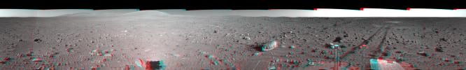 This 360-degree three dimensional anaglyph view from NASA's Mars Exploration Rover Spirit highlights Gusev crater on sol 148. 3D glasses are necessary to view this image.