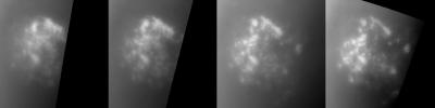 This sequence of images illustrates the evolution of a field of clouds near Titan's south pole over a period of almost five hours. The images were acquired on July 2, 2004, by NASA's Cassini spacecraft.