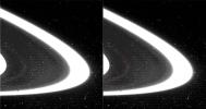 A new found ring of material, S/2004 1 R, in the orbit of Saturn's moon Atlas has been seen in this view of the region between the edge of Saturn's A ring and the F ring. This image from NASA's Cassini spacecraft was taken on July 1, 2004.