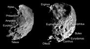 These two montages of images of Saturn's moon Phoebe, taken by NASA's Cassini spacecraft in June 2004, show the names provisionally assigned to 24 craters on this Saturnian satellite by the International Astronomical Union.