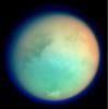 This image shows Titan in ultraviolet and infrared wavelengths. It was taken by NASA's Cassini imaging science subsystem on Oct. 26, 2004, and is constructed from four images acquired through different color filters.