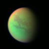 This false-color composite was created with images taken during NASA's Cassini spacecraft's closest flyby of Titan on April 16, 2005.